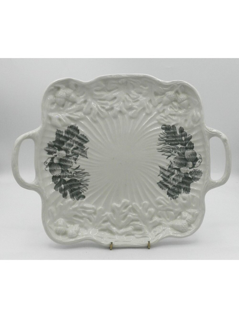 Aradia Square Serving Platter with Handles Portuguese Embossed Ceramic Acorns